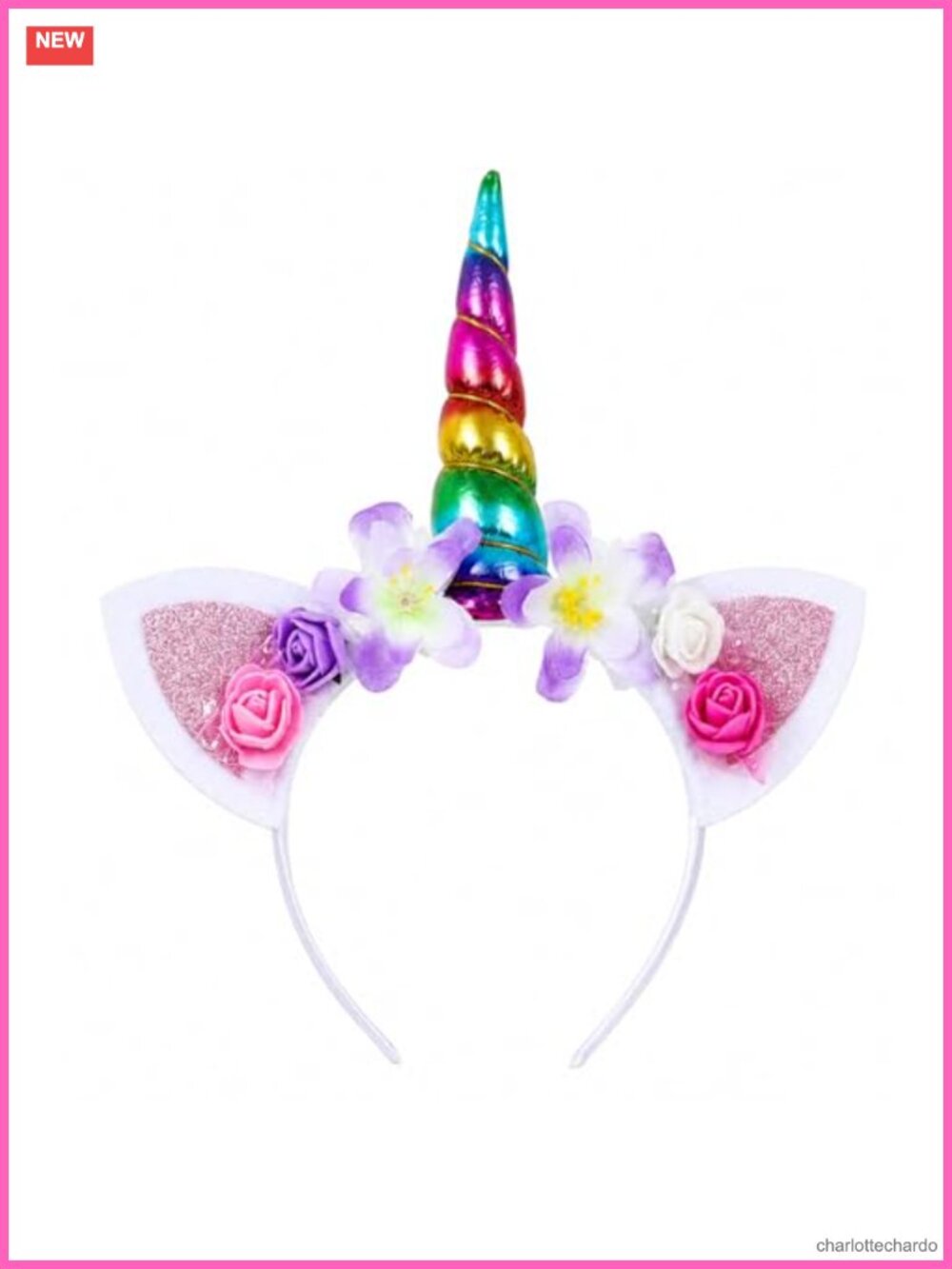 Unicorn Headband Rainbow Horn Glitter Ears Flowers Costume Cosplay Party